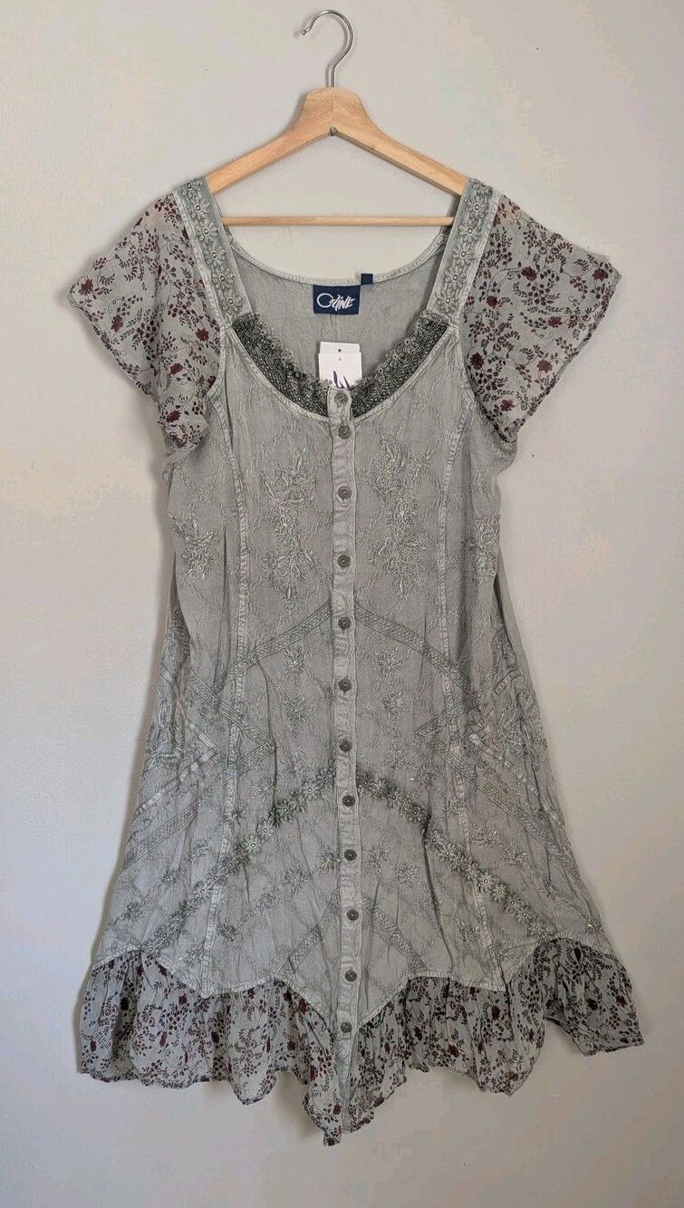 NWT Embroidered Beaded Boho Hippie Festival Midi Dress Tie Back Rayon Sage XL
